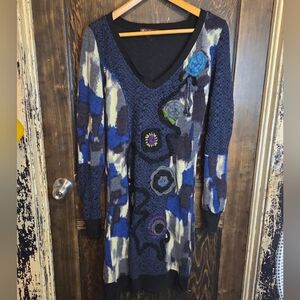 Kessley *Anthropologie* Colorful Knit Sweater Dress w/Floral Crochet Appliques